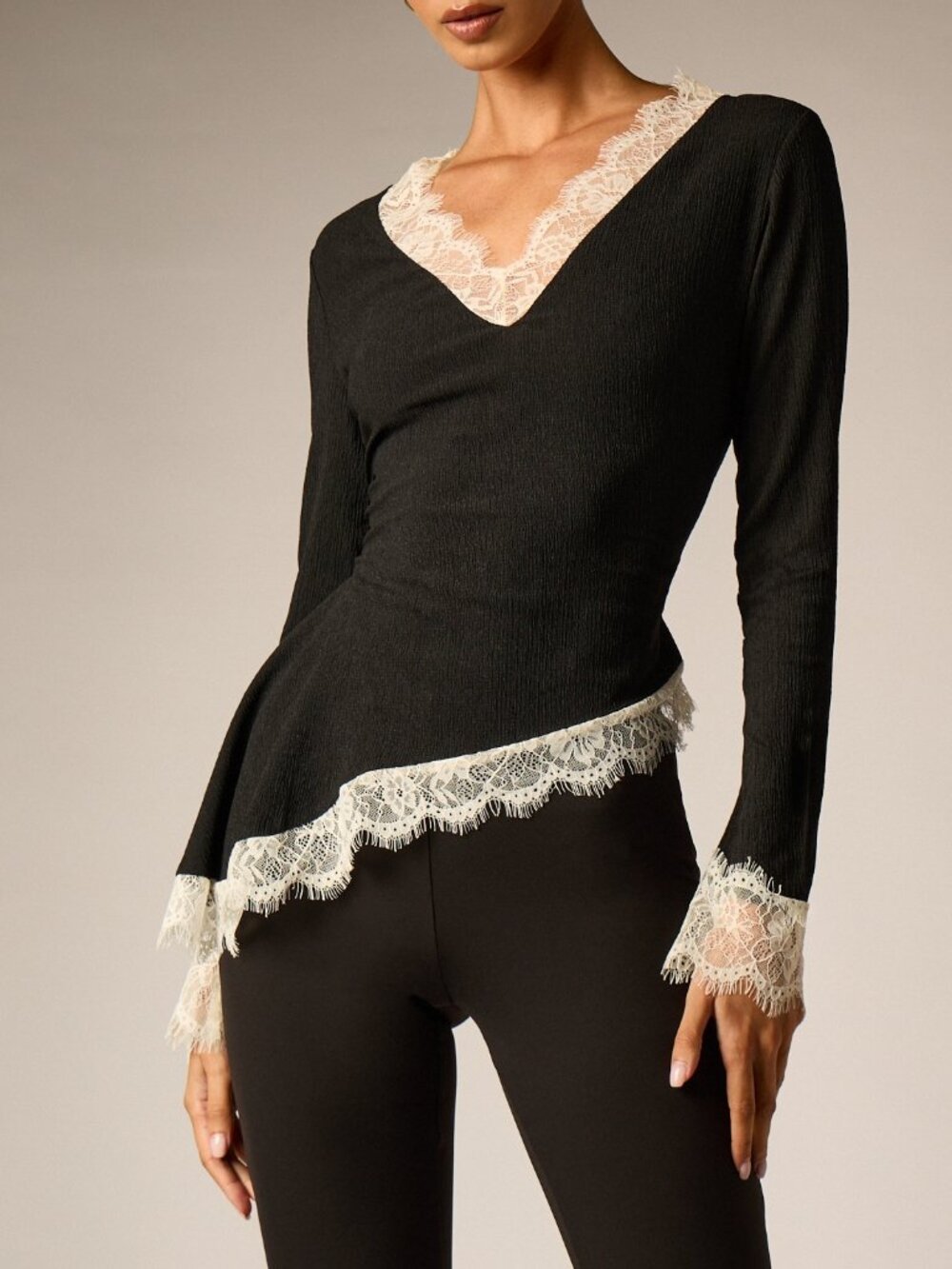 Black Casual Women's Long Sleeve V-Neck Blouse With Lace Trim Cuffs
